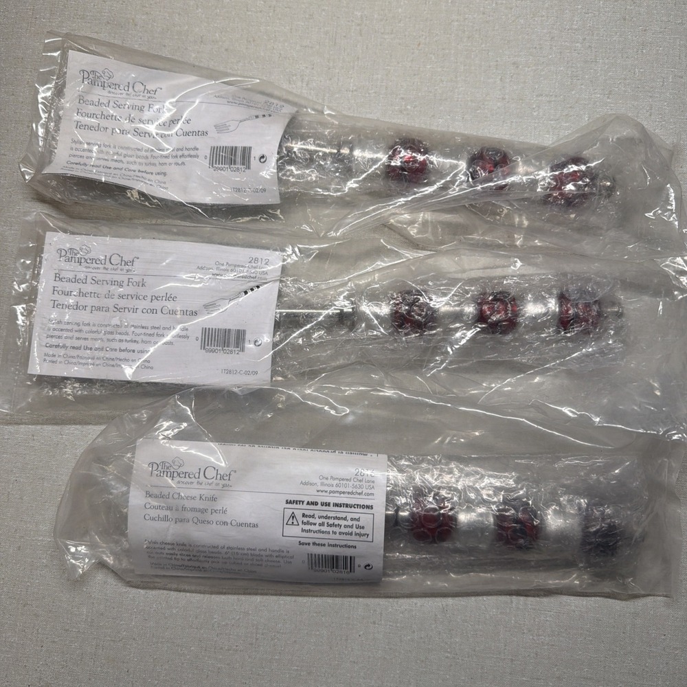 Pampered Chef Beaded Serving Set! 3 Piece! Retired! Forks Cheese Knife